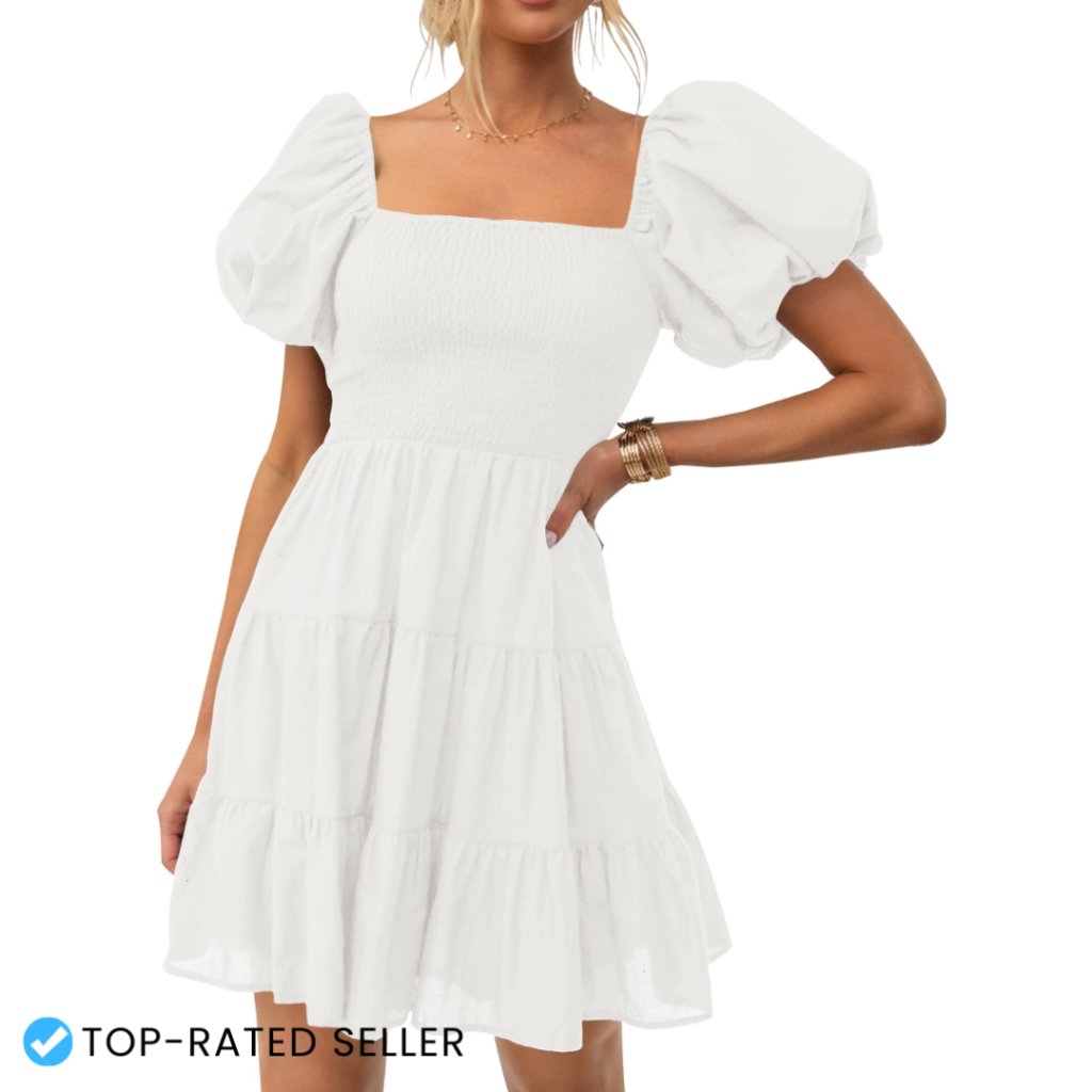 Boho Square Neck Puff Sleeve Off Shoulder Smocked Tiered A-Line Mini Dress